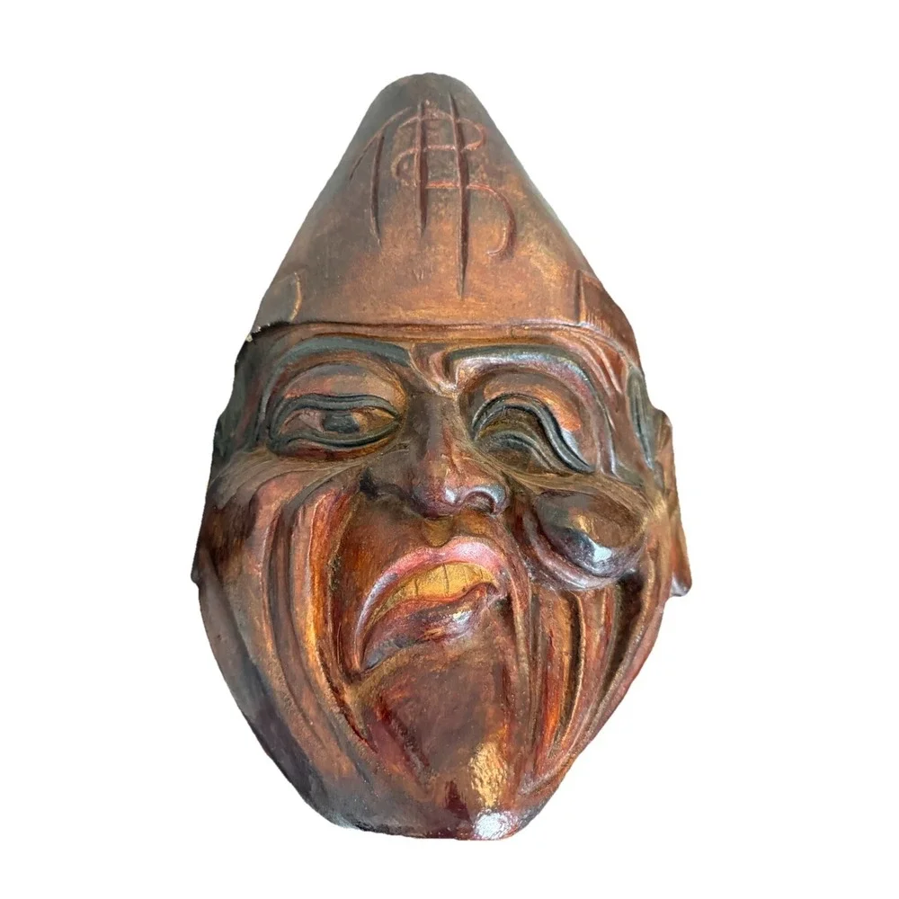 Vintage Large Hand Carved Wooden Face Mask Irony Smile Comedy 14.5